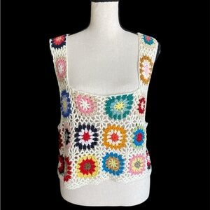Women's Hand Knit Crop Top Tank Floral Sz L/XL